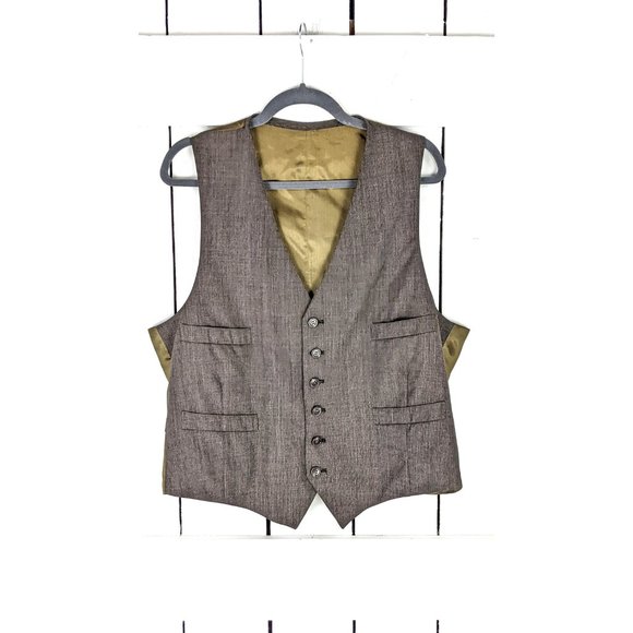 Vintage brown grey mens button front suit vest - Picture 2 of 4